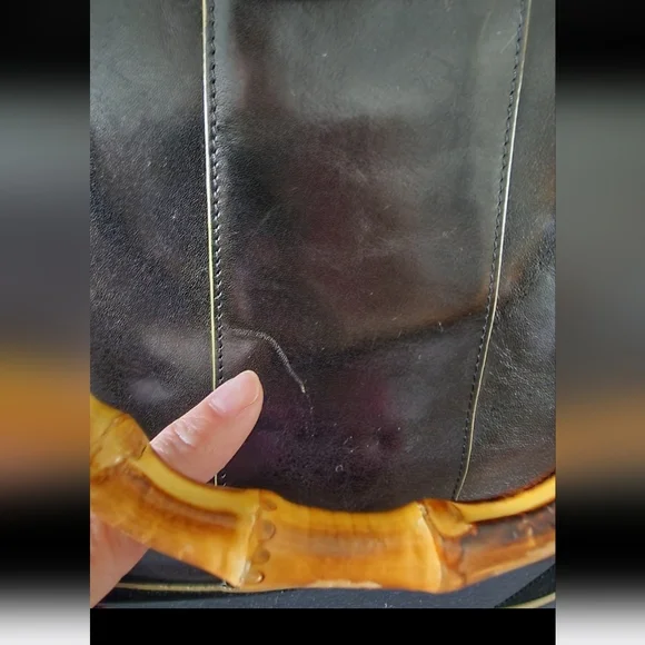 Monsac Women's Black Leather Purse Hangbag w/ Bamboo Handles - Picture 6 of 9